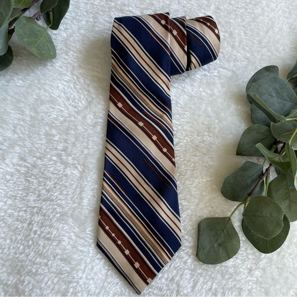 H.A.&E. Smith Ltd. Traditional Width Diagonal Striped Navy, Tan, and Brown Tie - Picture 1 of 8